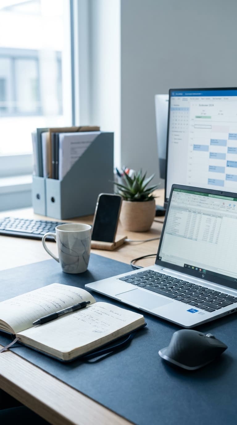 Aufgeräumter Büroschreibtisch mit geöffnetem Laptop, Notizbuch, Stift, Computermaus und einer Kaffeetasse.