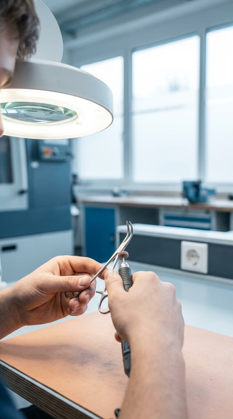Ein Chirurgiemechaniker schleift eine medizinische Klemme mit einem rotierenden Werkzeug unter einer Lupenleuchte.