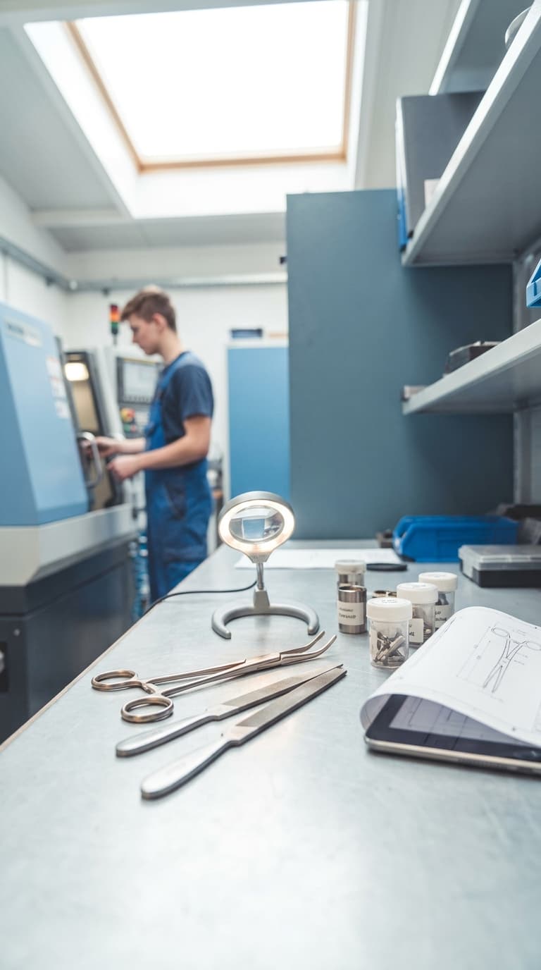 Lehrling arbeitet an einer CNC-Maschine, während im Vordergrund chirurgische Instrumente auf einer Werkbank liegen.