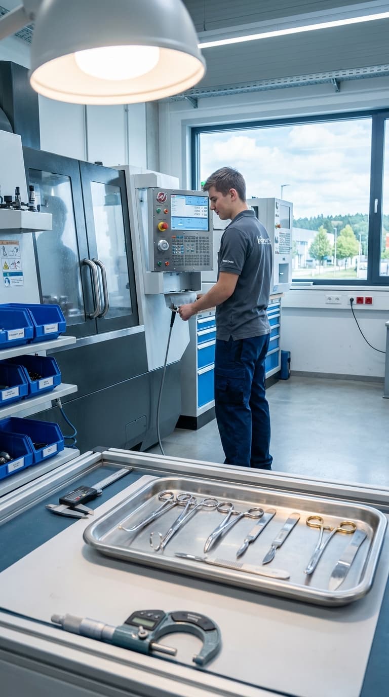 Ein Lehrling bedient eine CNC-Maschine; vorne liegen Messschieber, Bügelmessschraube und chirurgische Instrumente.