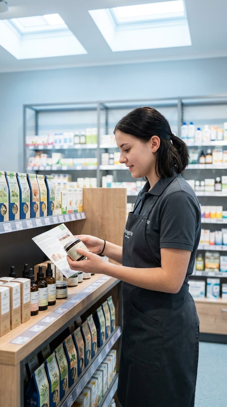 Eine Drogistin vergleicht ein Produkt im Regal mit einem Informationsblatt.