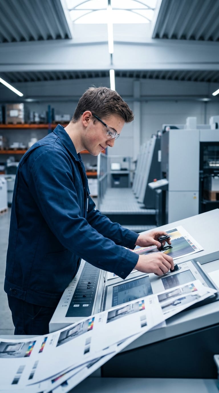 Ein Drucker kontrolliert an einem Kontrollpult in einer Druckerei Druckergebnisse mit einer Lupe.
