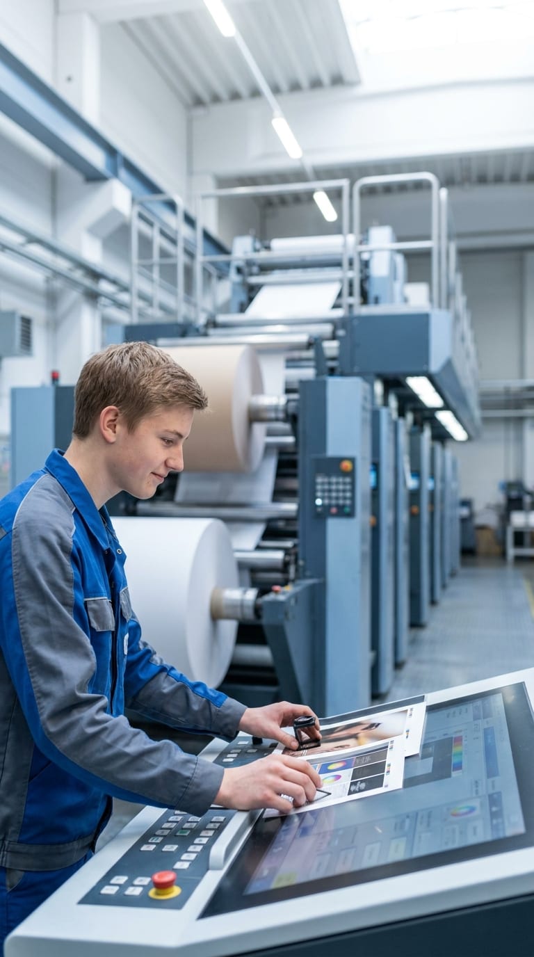 Ein Lehrling prüft Druckbogen mit einem Fadenzähler am Leitstand einer großen Druckmaschine.