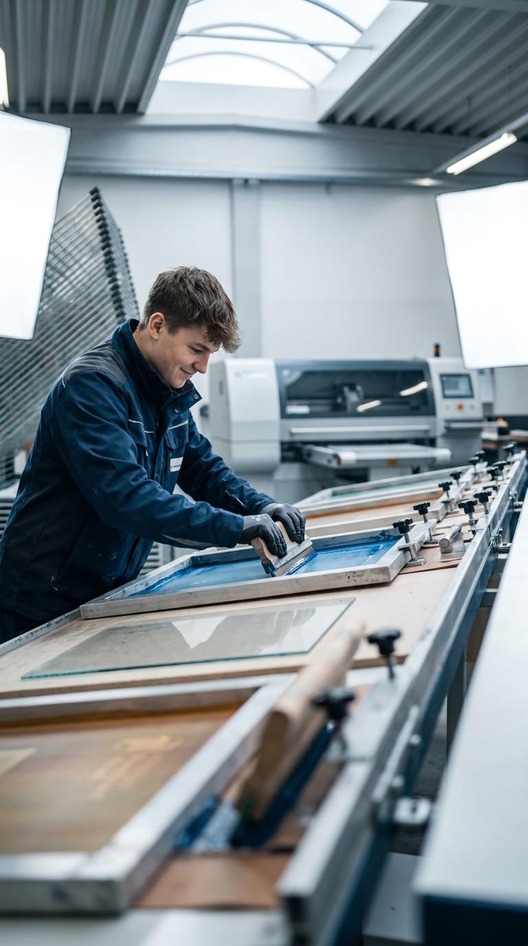 Ein junger Siebdrucker zieht mit einer Rakel blaue Farbe über einen Siebdruckrahmen in einer Druckwerkstatt.