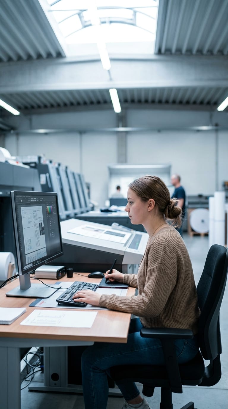 Eine Mediengestalterin arbeitet mit Grafiktablett und Monitor am Schreibtisch einer Druckerei.