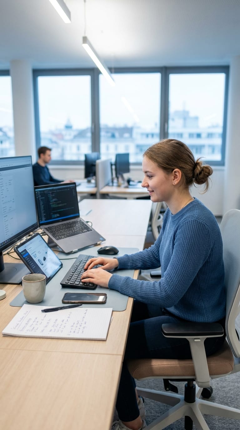 Eine junge Frau arbeitet an einem Schreibtisch im Büro mit mehreren Monitoren und tippt auf einer Tastatur.