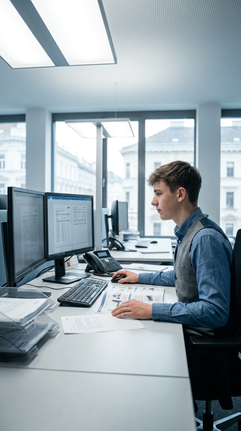Ein junger Lehrling arbeitet an einem Schreibtisch mit zwei Monitoren und Dokumenten in einem hellen Büro.