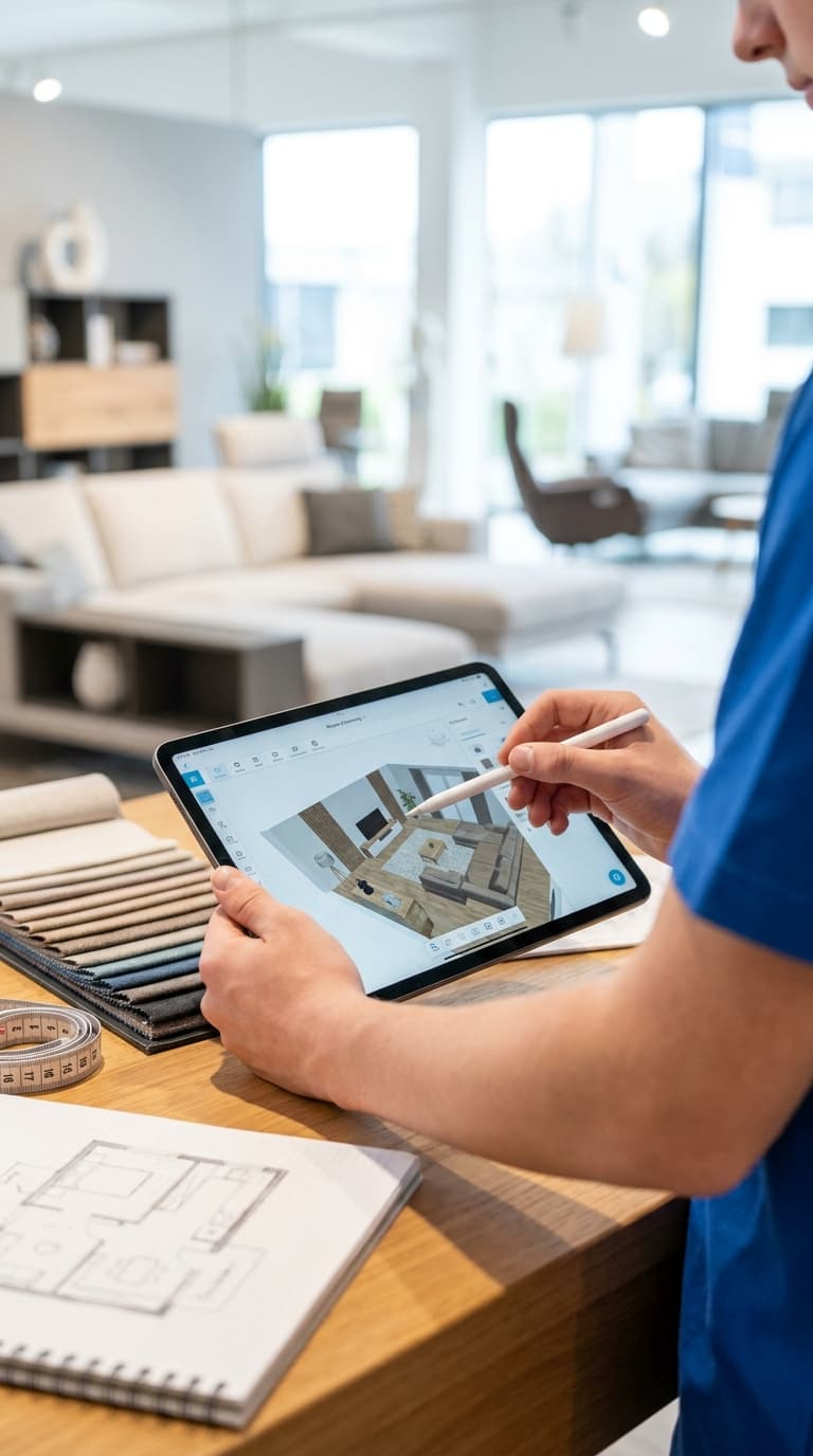 Raumgestalter entwirft 3D-Zimmer auf Tablet neben Stoffmustern und Grundrissskizze im Möbelhaus.