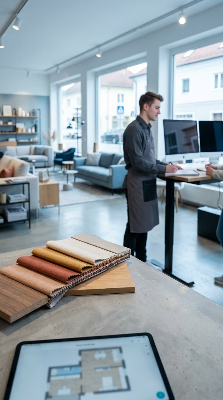 Stoffmuster, Holzproben und ein Tablet mit Grundriss vor einem Einrichtungsberater im modernen Möbelgeschäft.