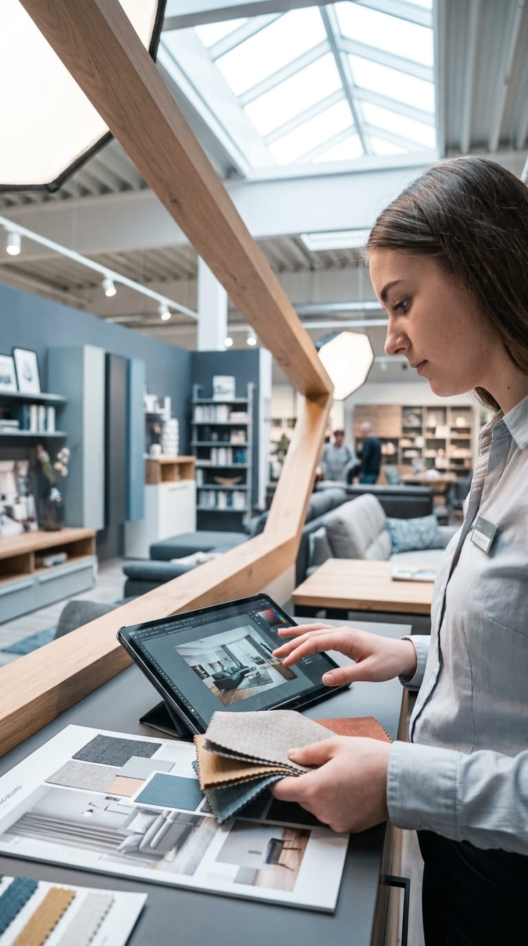 Eine Einrichtungsberaterin vergleicht im Möbelhaus Stoffmuster mit einer Raumplanung auf einem Tablet.