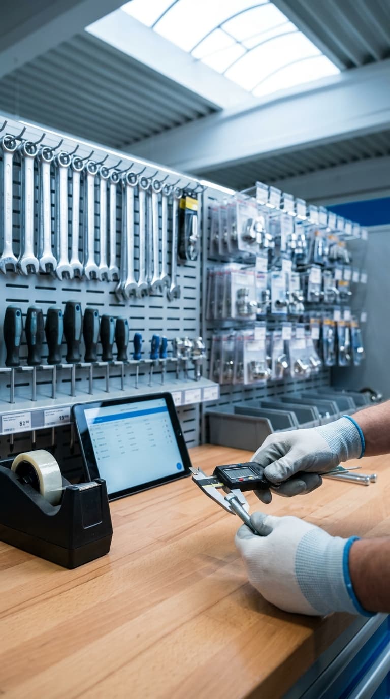 Hände in Arbeitshandschuhen messen eine Schraube mit einem digitalen Messschieber an einer Werkbank.