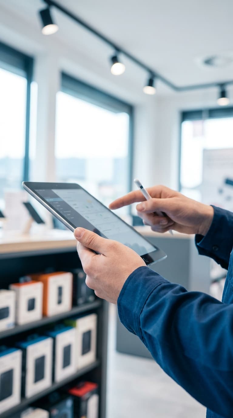 Ein Mitarbeiter bedient in einem Geschäft ein Tablet, im Hintergrund stehen Produktkartons im Regal.