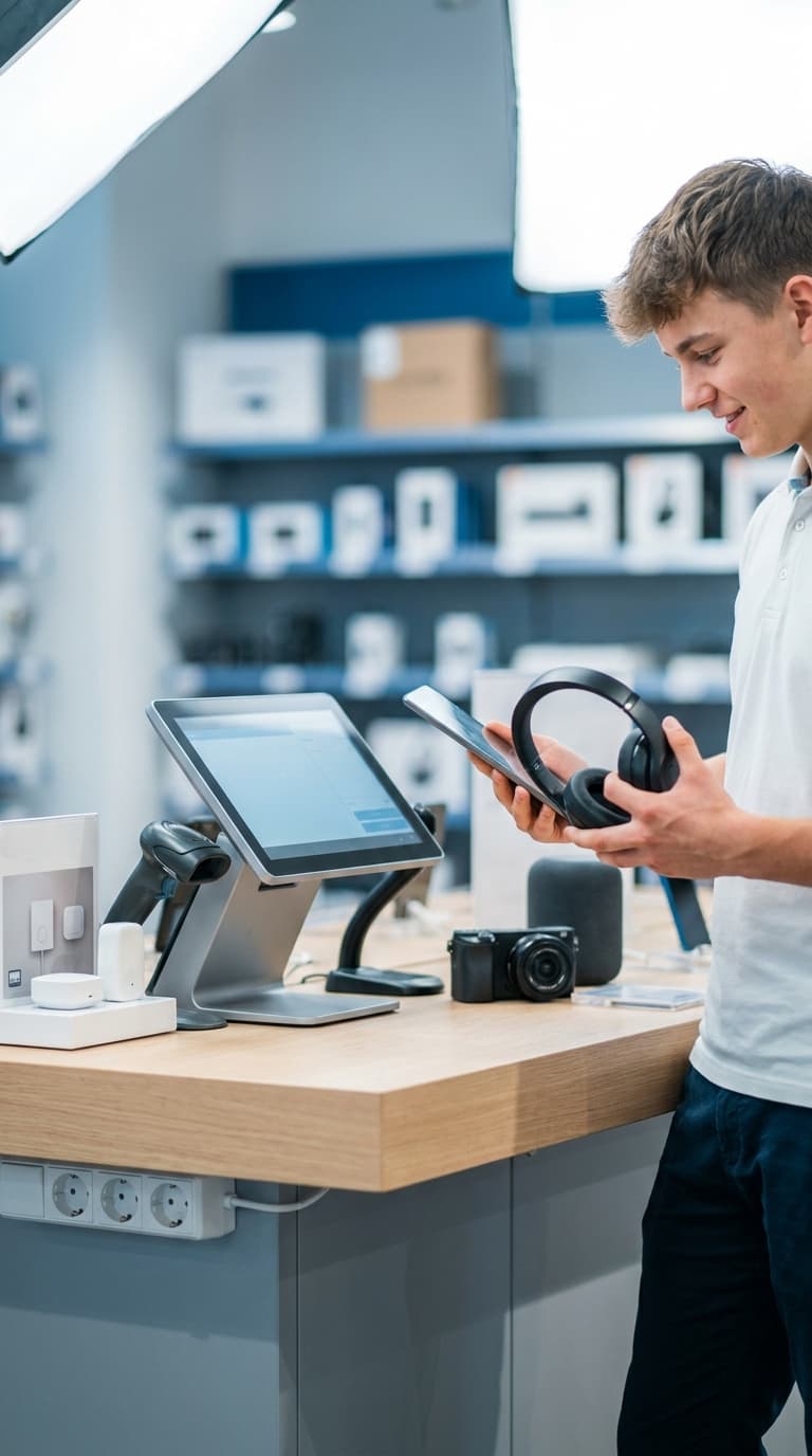 Ein Lehrling im Einzelhandel hält lächelnd ein Tablet und Kopfhörer an einer Kasse mit Elektronikgeräten.