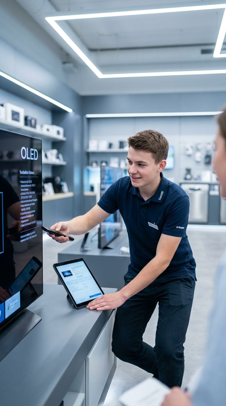Lehrling im Einzelhandel zeigt einer Kundin einen OLED-Fernseher mit Fernbedienung und Tablet.