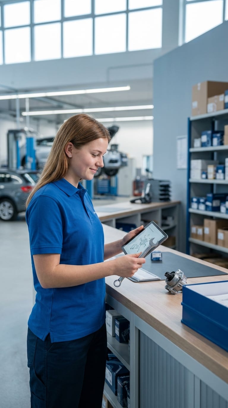 Eine Frau in blauer Arbeitskleidung hält ein Tablet und einen Schraubenschlüssel am Tresen einer Kfz-Werkstatt.