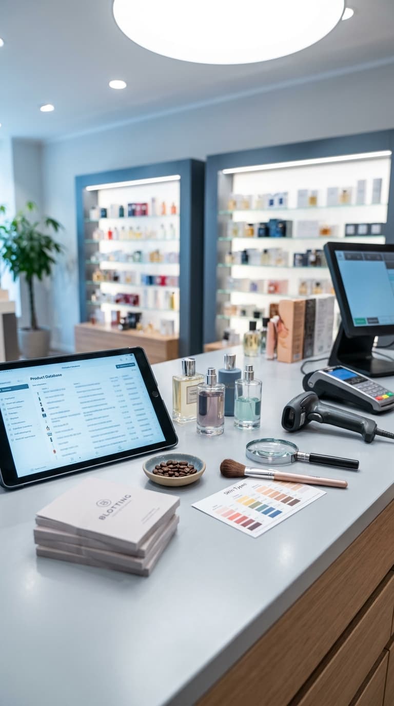 Verkaufstresen in einer Parfümerie mit Tablet, Parfümflaschen, Barcodescanner und Kartenlesegerät.