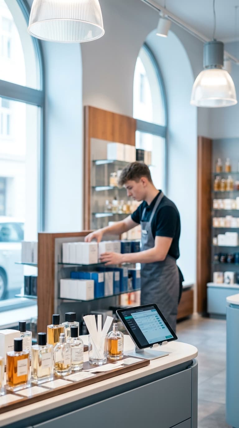 Ein Verkäufer in Schürze sortiert Parfümschachteln im Regal einer hellen Parfümerie.