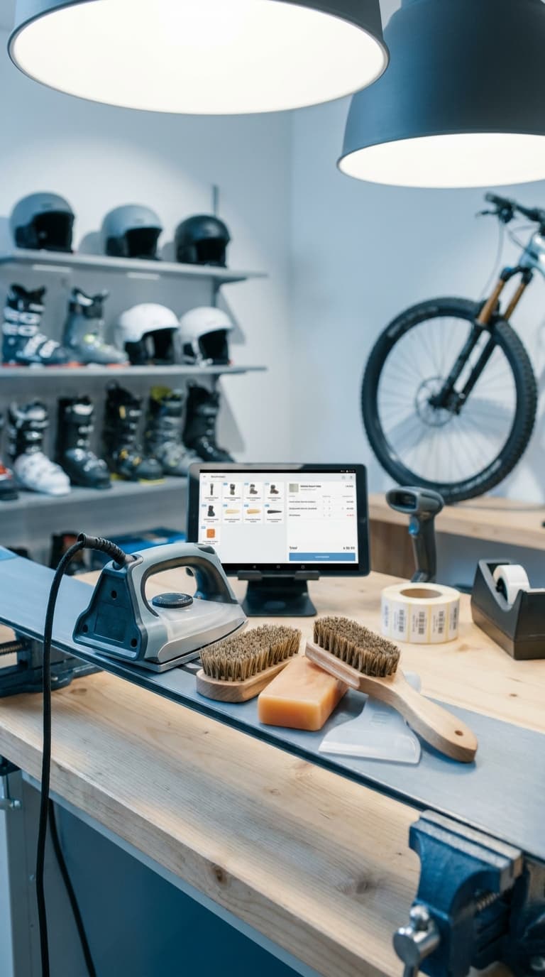 Ski auf einer Werkbank mit Wachsbügeleisen, Wachsblock und Bürsten in einer Ski- und Fahrradwerkstatt.