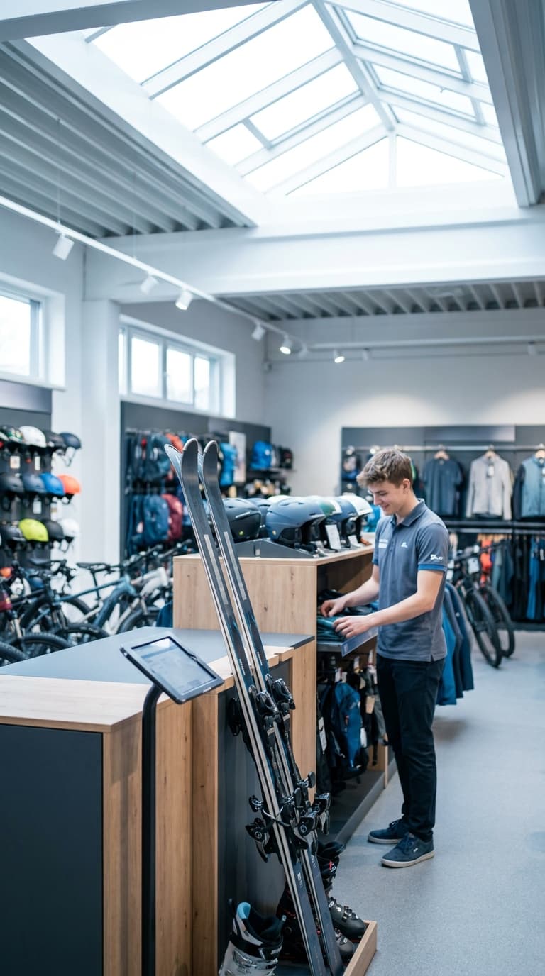 Ein junger Verkäufer sortiert Kleidung im Regal eines Sportgeschäfts mit ausgestellten Skiern im Vordergrund.