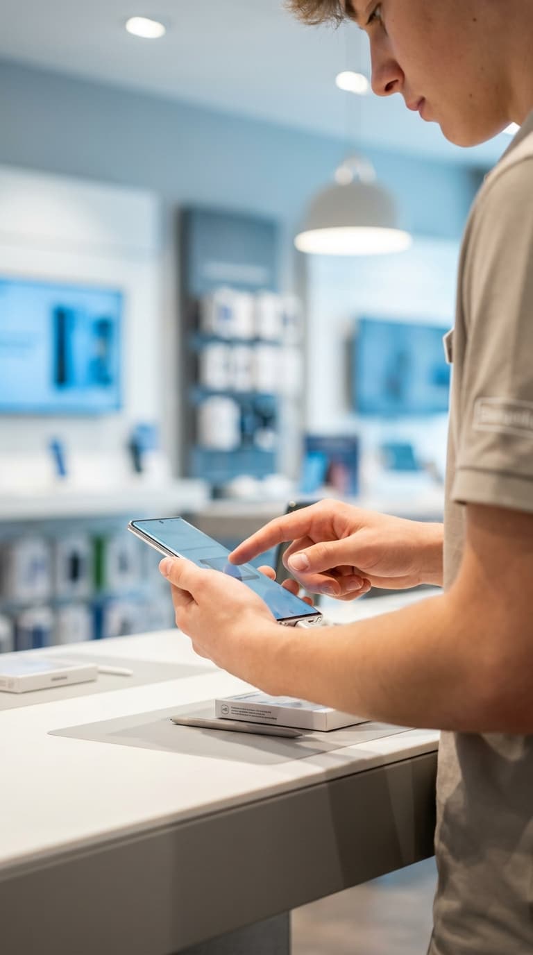 Ein Mitarbeiter bedient ein Smartphone an einer Theke im Elektronikgeschäft.
