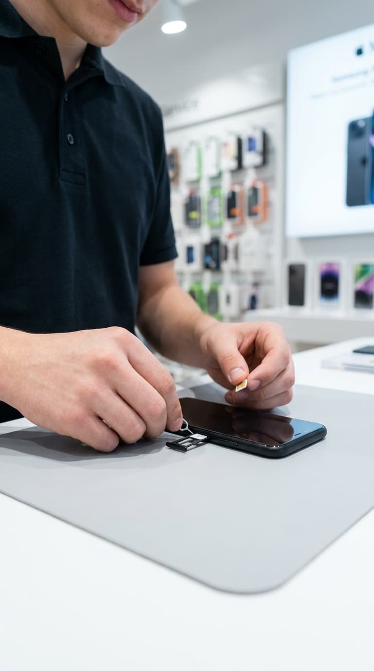 Ein Mitarbeiter öffnet das SIM-Kartenfach eines Smartphones mit einer Auswurfnadel im Geschäft.