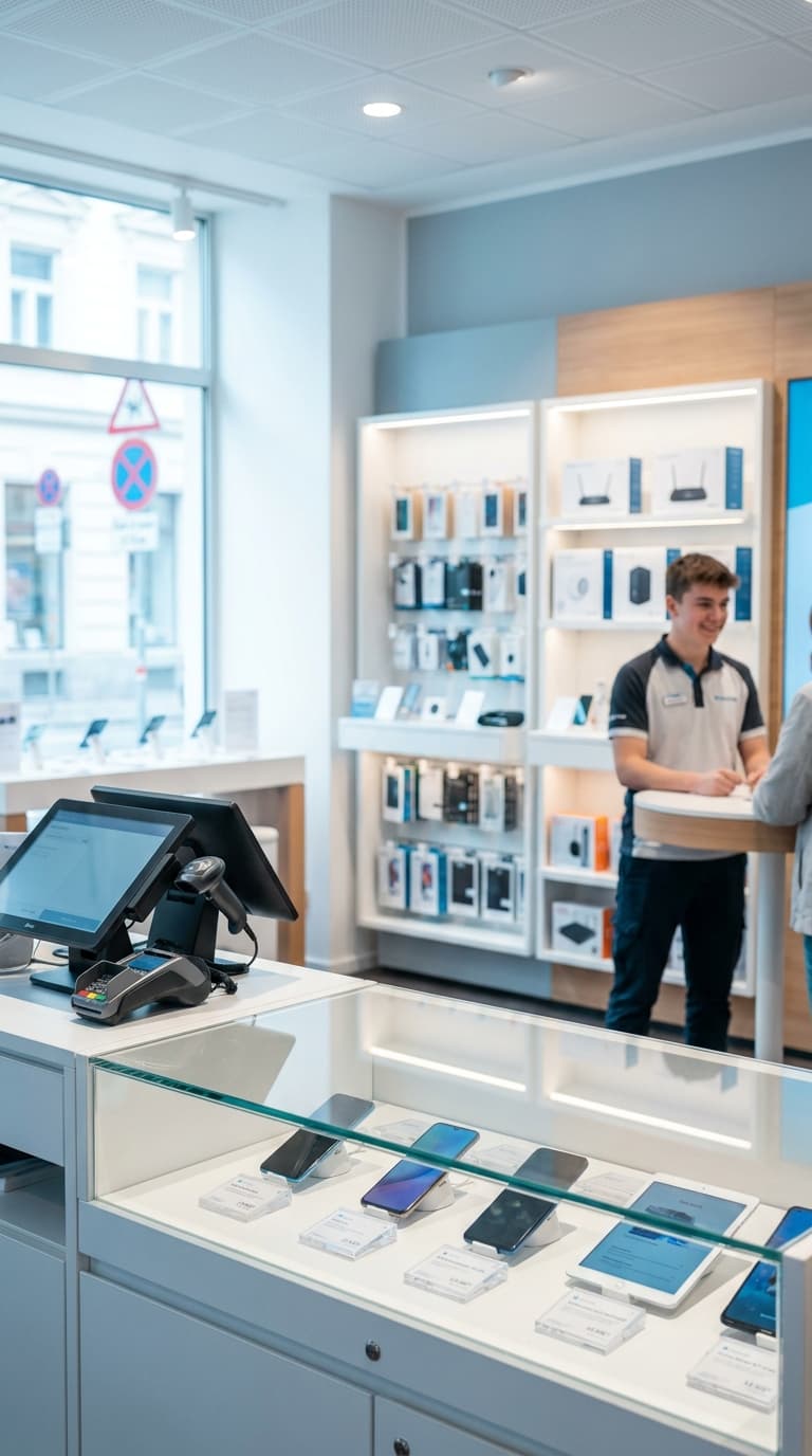 Ein Verkäufer berät eine Kundin in einem Elektronikgeschäft hinter einer Vitrine mit Smartphones.
