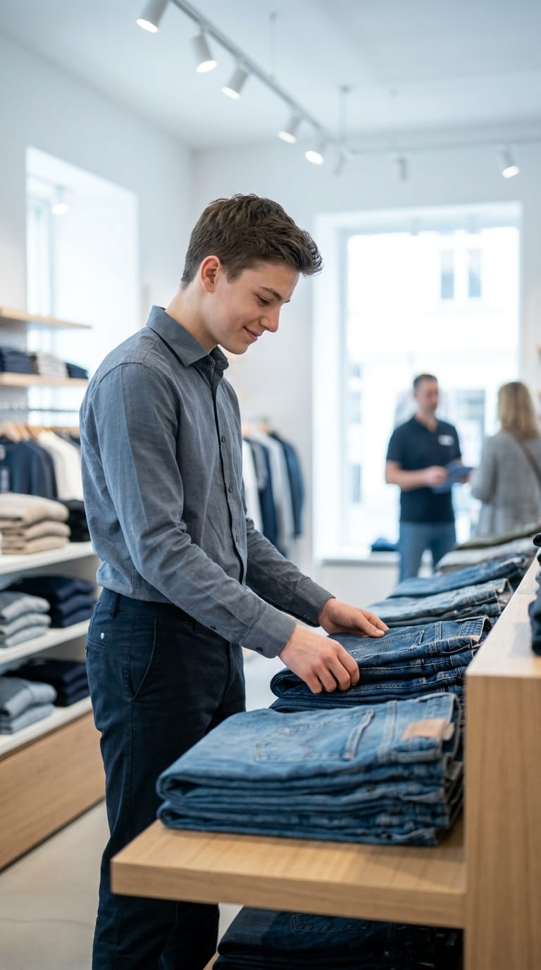 Ein Lehrling im Einzelhandel sortiert Jeans auf einem Verkaufstisch in einem Bekleidungsgeschäft.