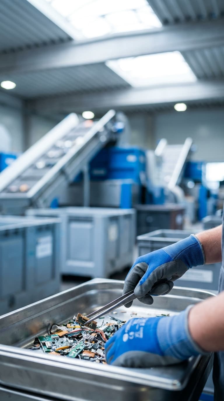 Eine Person mit Arbeitshandschuhen sortiert mit einer Pinzette Elektronikschrott in einer Recyclinghalle.