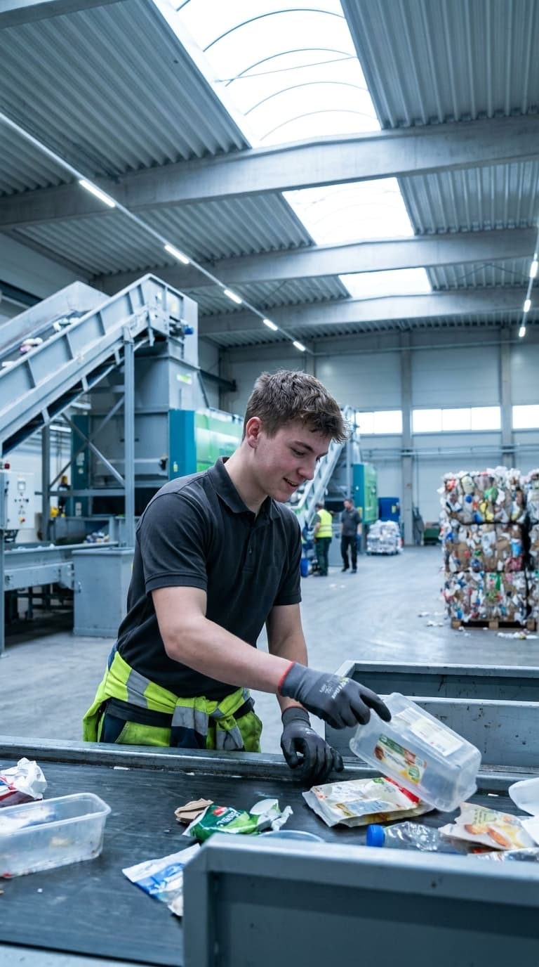 Ein junger Arbeiter sortiert Plastikmüll an einem Förderband in einer Recyclinghalle.