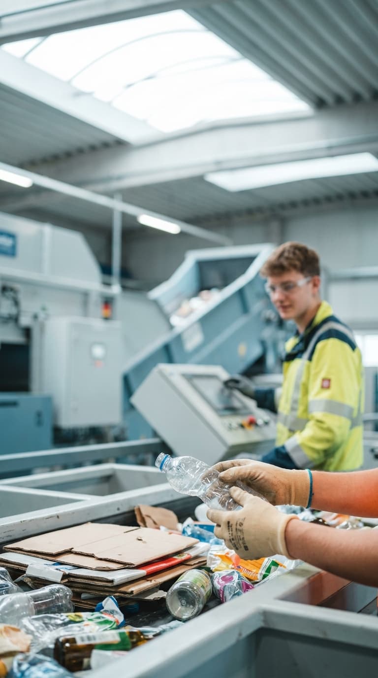 Hände sortieren Plastikflaschen an einem Förderband, im Hintergrund bedient ein Arbeiter eine Recyclinganlage.