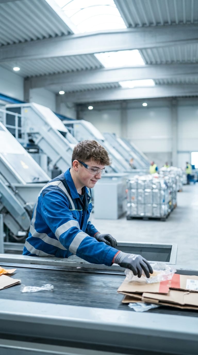 Ein Arbeiter mit Schutzbrille sortiert Plastik und Karton an einem Förderband in einer Industriehalle.