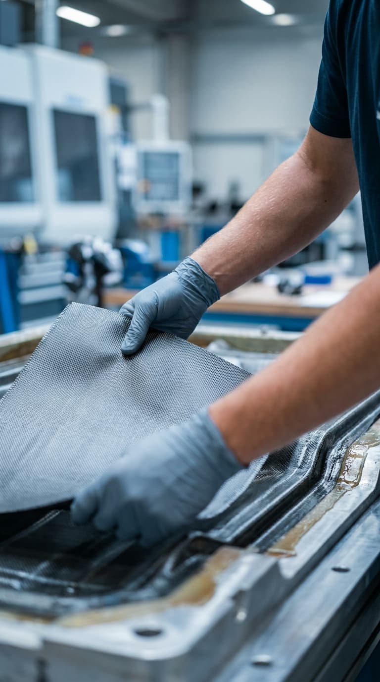 Eine Person mit Handschuhen legt Kohlefasergewebe in eine Form in einer Produktionshalle.