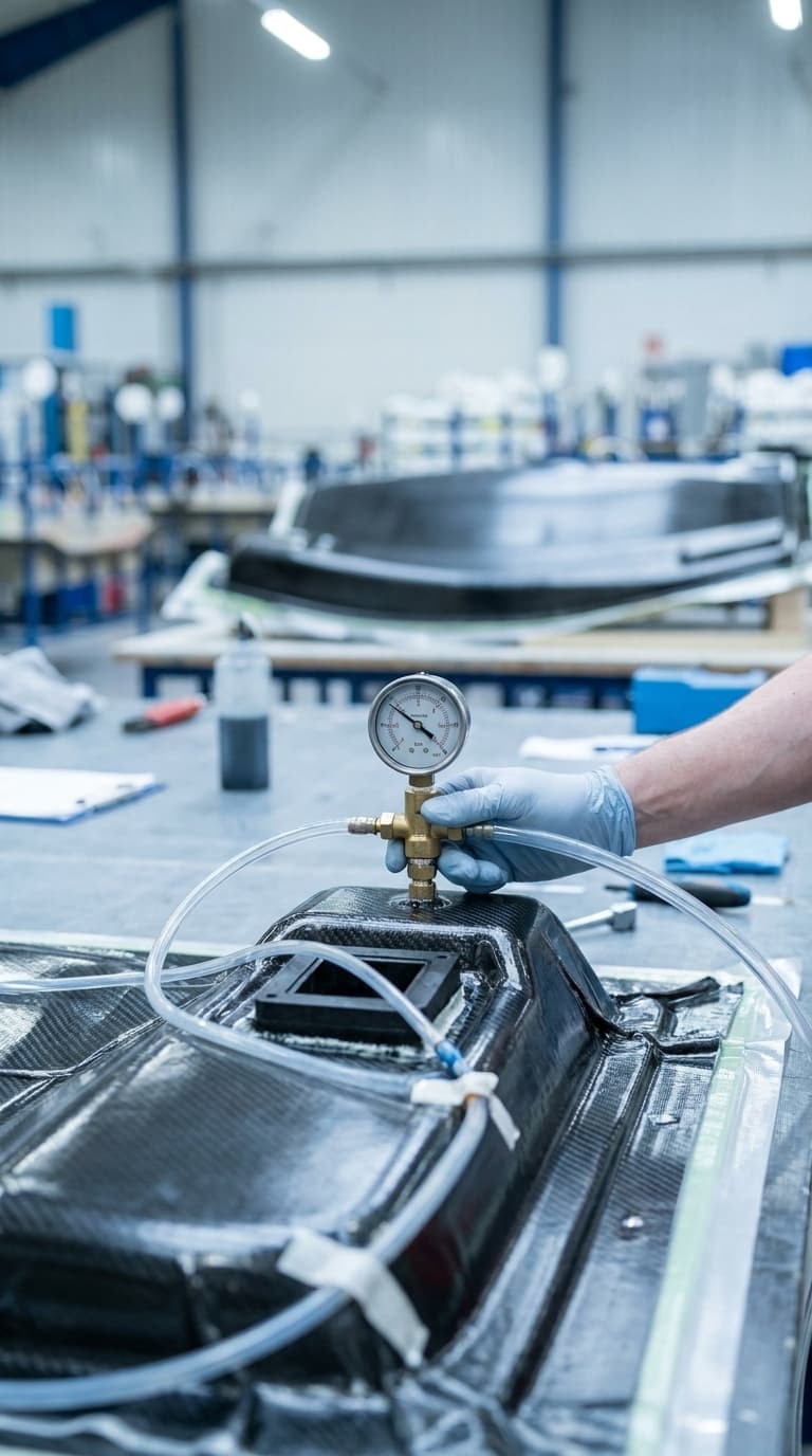 Eine Hand im Handschuh misst mit einem Manometer den Druck an einem Carbonbauteil in einer Werkstatt.