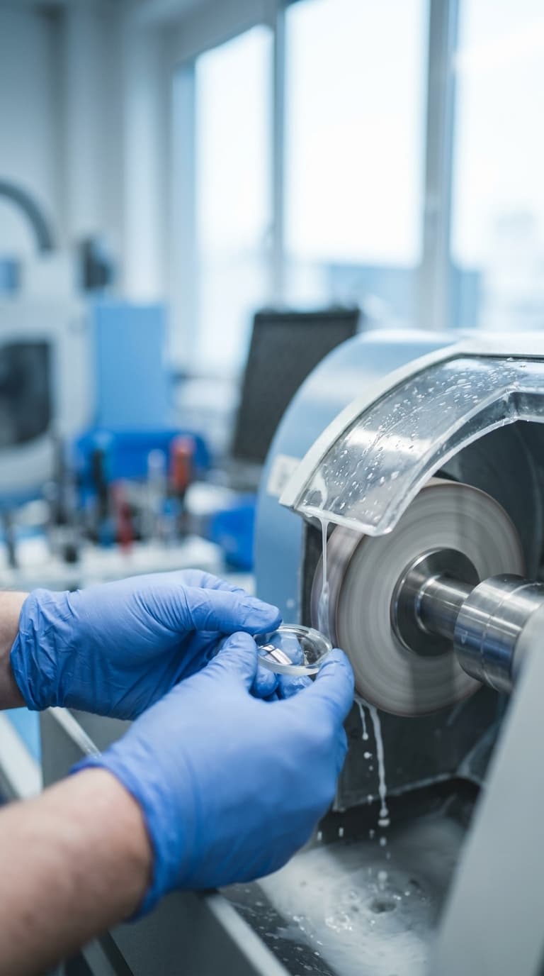 Augenoptiker*in bearbeitet ein Brillenglas an einer nassen Schleifmaschine.