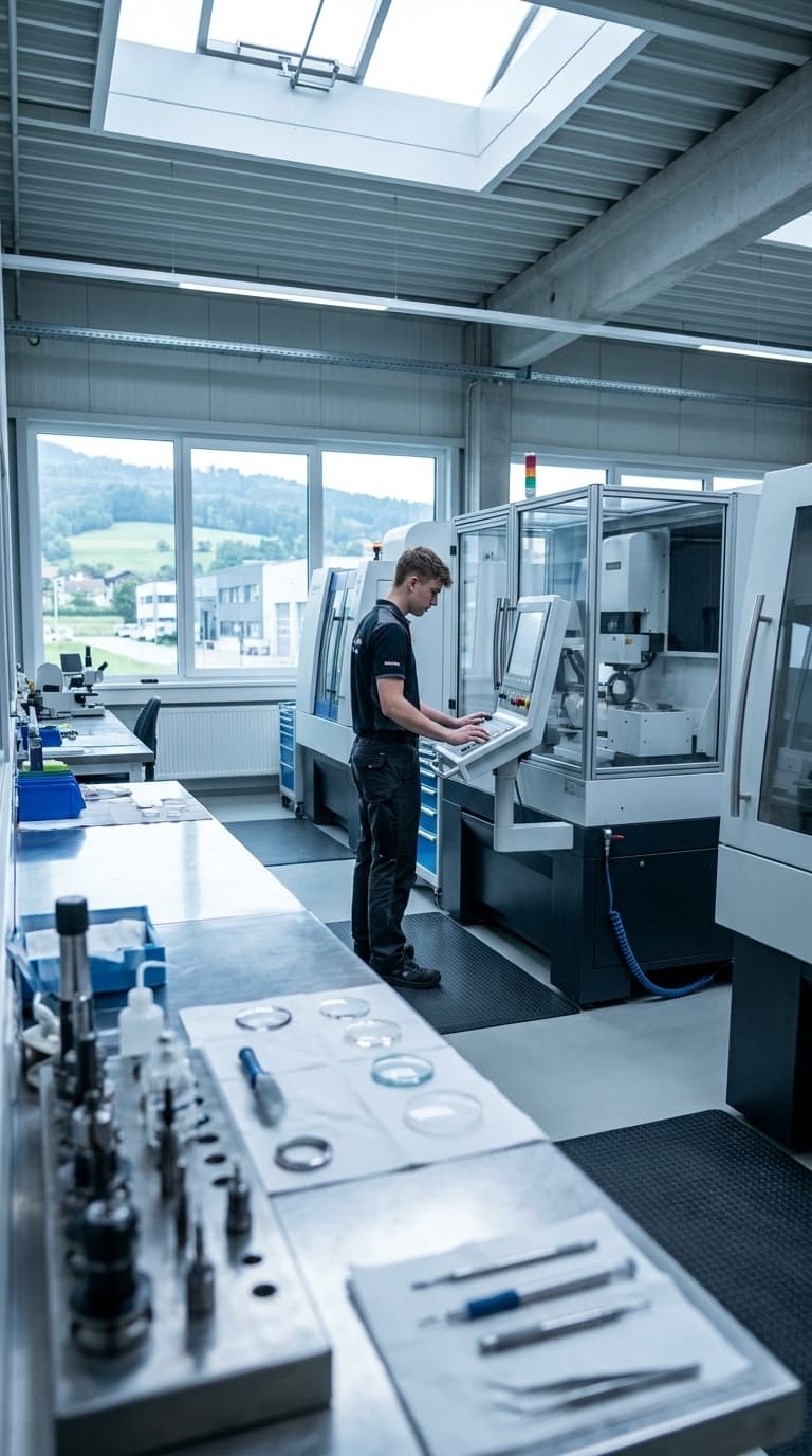 Ein Feinoptiker bedient das Steuerpult einer Präzisionsmaschine in einer modernen Werkstatt.