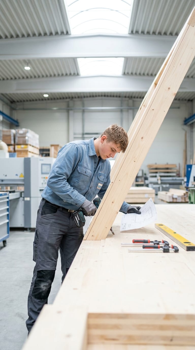 Ein Zimmermann schraubt in einer Werkstatt an einem Holzgestell und blickt dabei auf einen Bauplan.