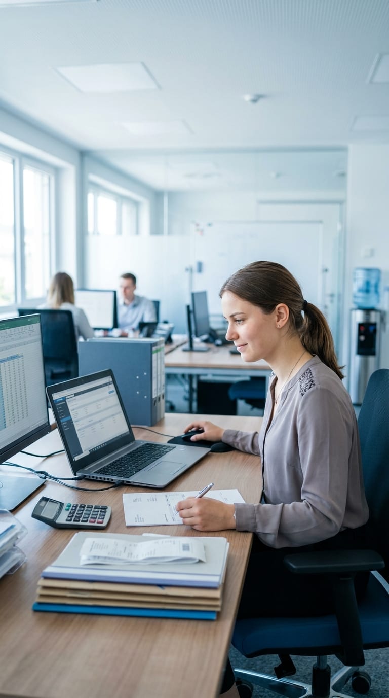 Eine Bürokraft arbeitet am Schreibtisch mit Laptop, Taschenrechner und Unterlagen im Büro.