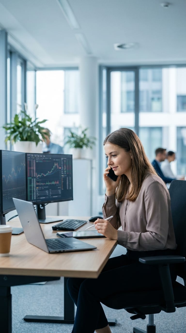 Finanzanalystin telefoniert am Schreibtisch vor Monitoren mit Börsencharts und Laptop.