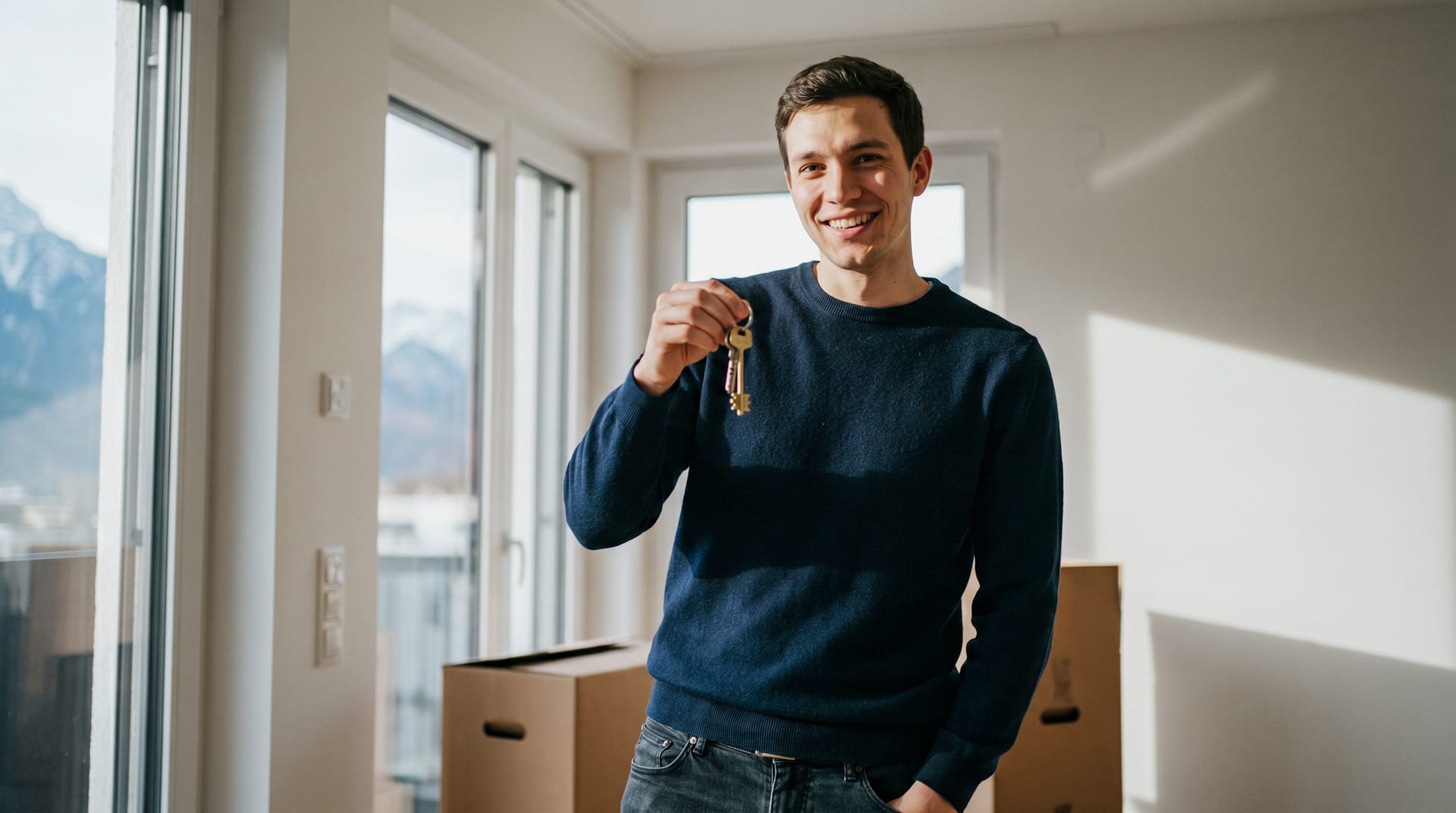 Ein lächelnder Mann hält einen Schlüsselbund in einer Wohnung mit Umzugskartons hoch.