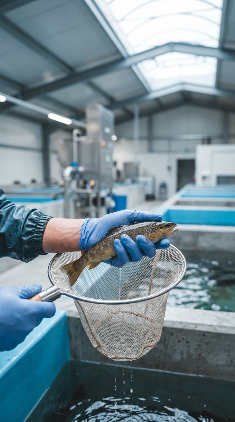 Ein Fischwirt hält eine Forelle mit blauen Handschuhen über einem Kescher in einer Fischzuchthalle.