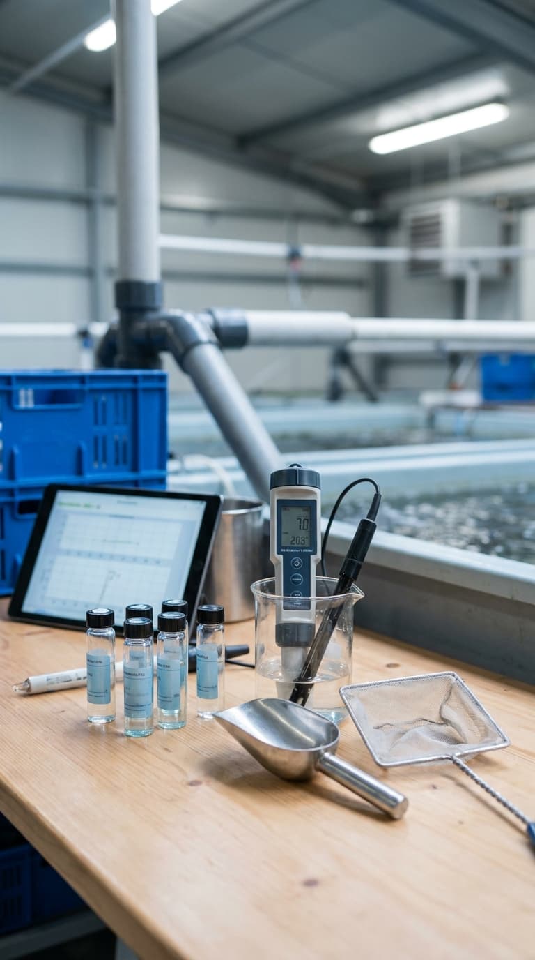 Messgeräte zur Wasseranalyse mit Tablet, pH-Meter und Probenfläschchen auf einem Tisch vor Aquakulturbecken.