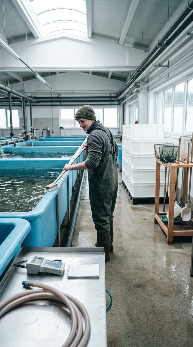Ein Fischwirt in Wathose reinigt ein großes blaues Becken in einer Fischzuchthalle mit einer Bürste.