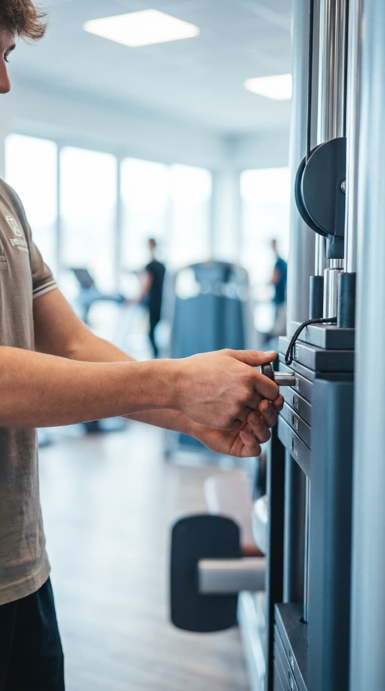 Ein Mann steckt den Sicherungsstift in den Gewichtsblock einer Kraftmaschine im Fitnessstudio.