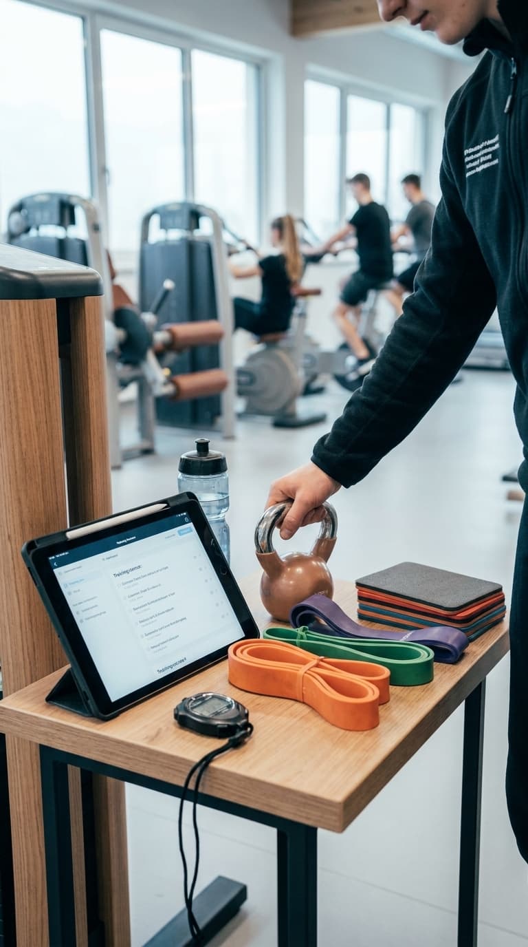 Ein Fitnesstrainer greift nach einer Kettlebell auf einem Tisch mit Tablet, Stoppuhr und Fitnessbändern im Studio.