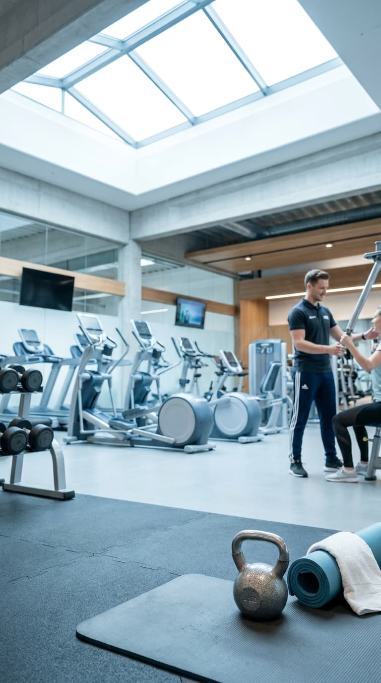 Ein Fitnesstrainer betreut eine Frau im Fitnessstudio; im Vordergrund liegen eine Kettlebell und eine Yogamatte.