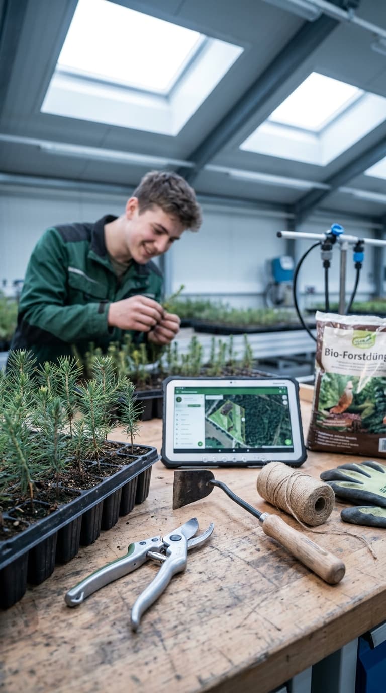 Ein Lehrling in der Forstwirtschaft untersucht Nadelbaumsetzlinge neben Gartenschere, Hacke und Tablet mit Karte.