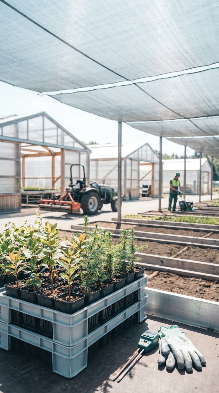 Kisten mit Jungpflanzen in einer Gärtnerei; im Hintergrund Gewächshäuser, ein Traktor und ein Gärtner bei der Arbeit.