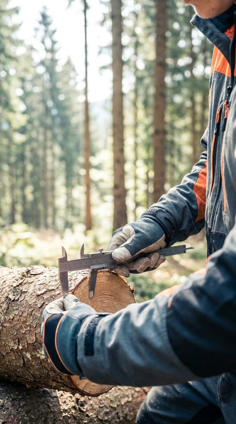 Forstwirt vermisst einen Baumstamm im Wald mit einem Messschieber.