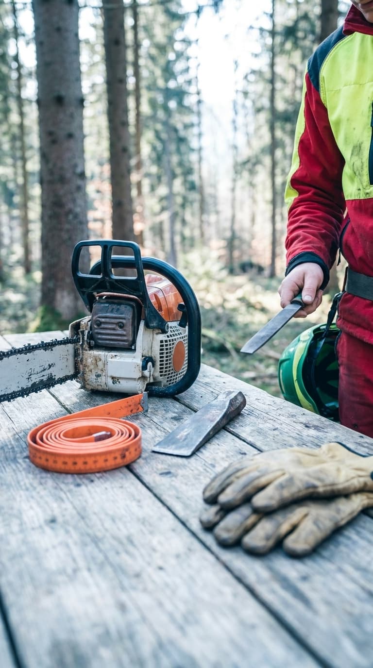 Ein Forstwirt steht mit einer Feile vor einem Holztisch mit Motorsäge, Fällkeil, Maßband und Handschuhen im Wald.