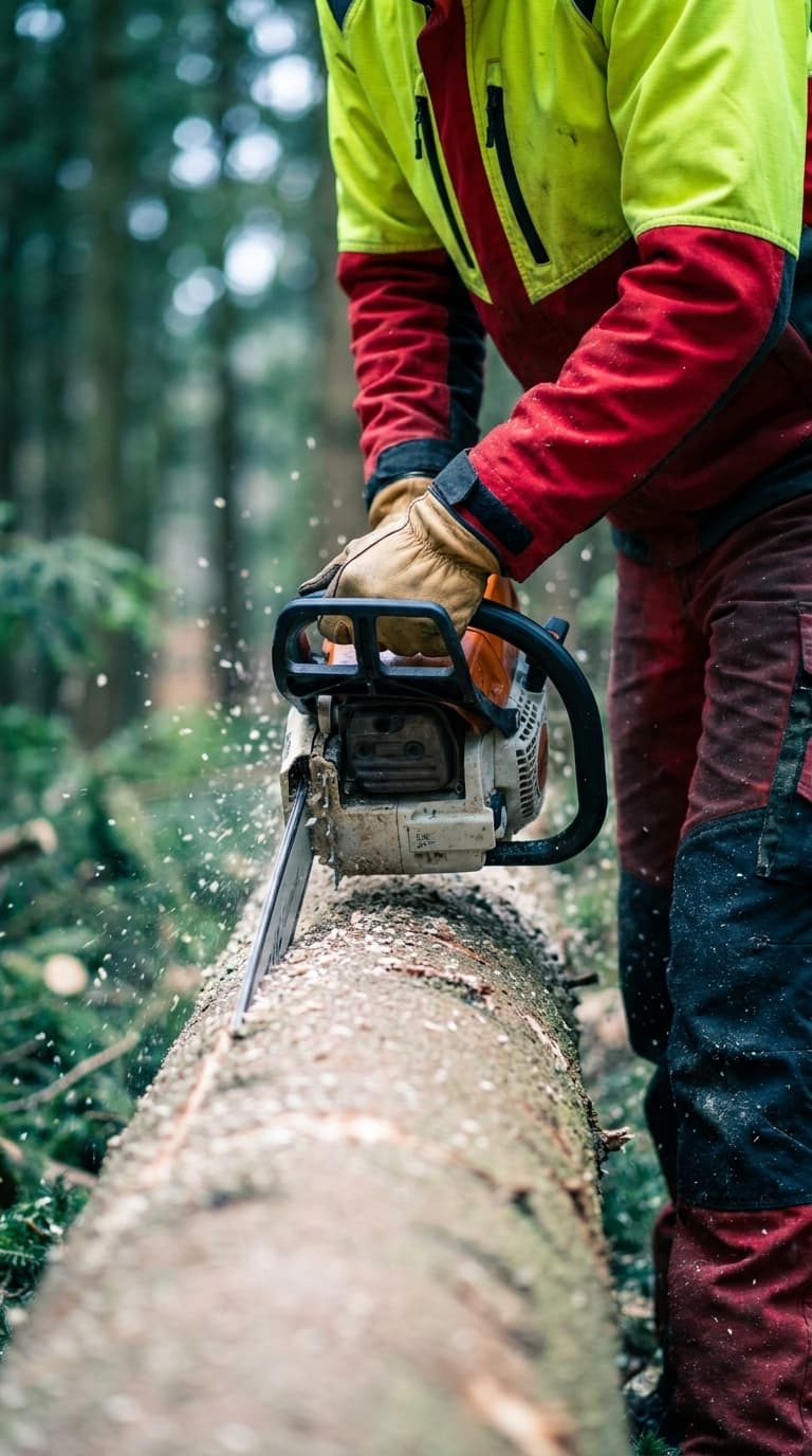 Forstwirt in Schutzkleidung sägt mit einer Kettensäge einen Baumstamm im Wald.